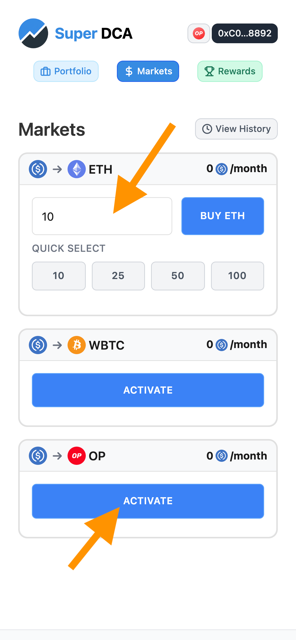 Markets section showing available trading pairs and investment rate input