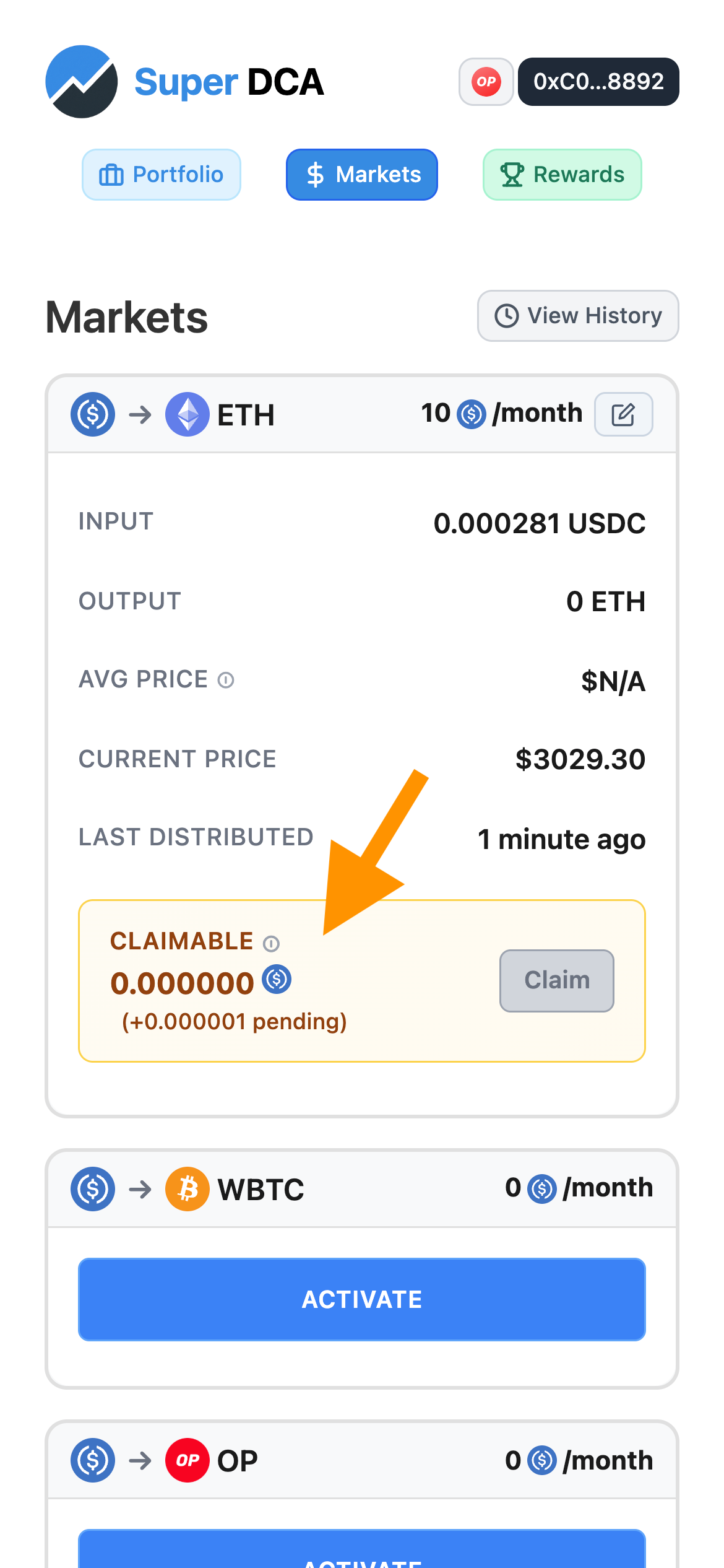 DCA Overview section showing active trades with token amounts and average prices