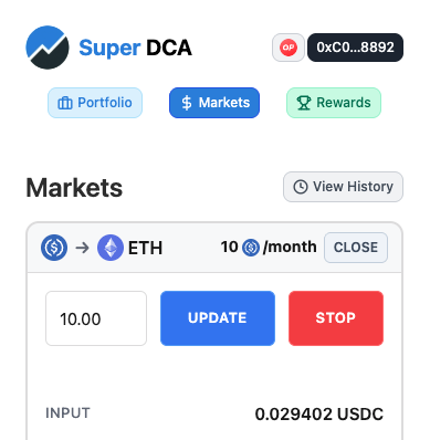 Active trade with Update button visible
